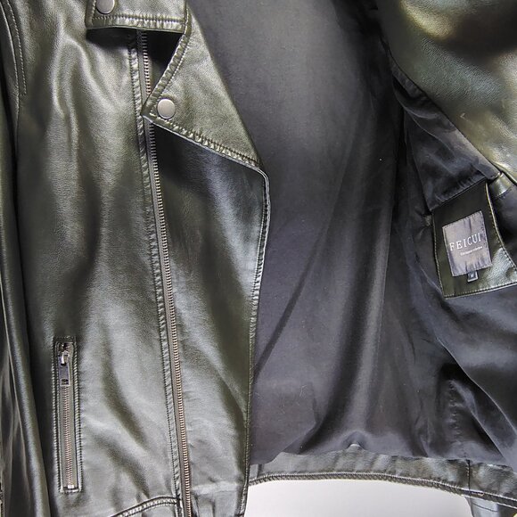 Feicui Faux Leather Biker Jacket Mens Size Medium Dark Green Moto Punk - Picture 10 of 16